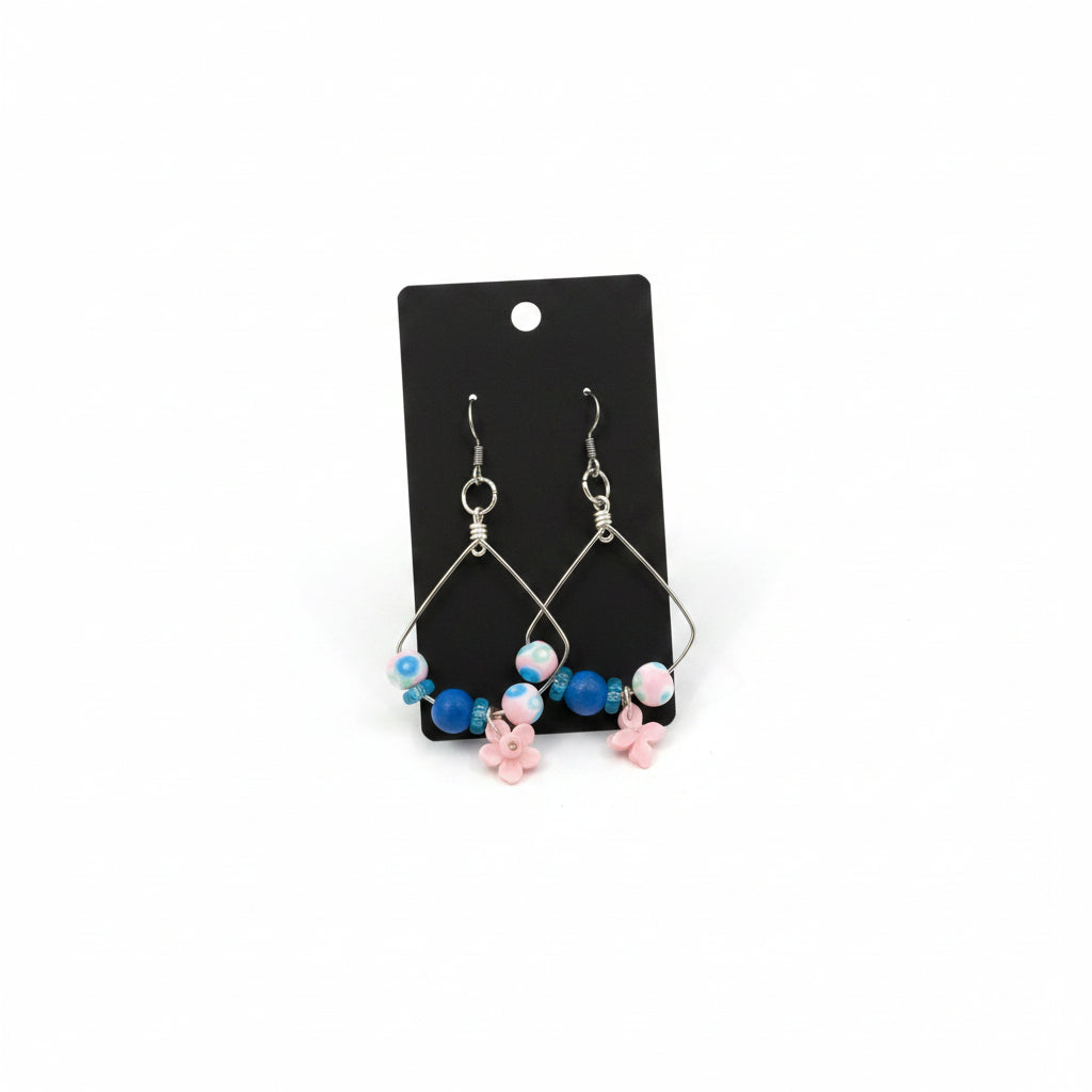 Pink and blue flowered dangly diffuser earrings