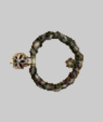 A beaded bracelet with black/grey  beads. A small gold and black flower charm and a larger silver diffuser charm in the shape of a flower.  The diameter is 7 inches and it put together with .8mm flexible and sturdy elastic wire. 