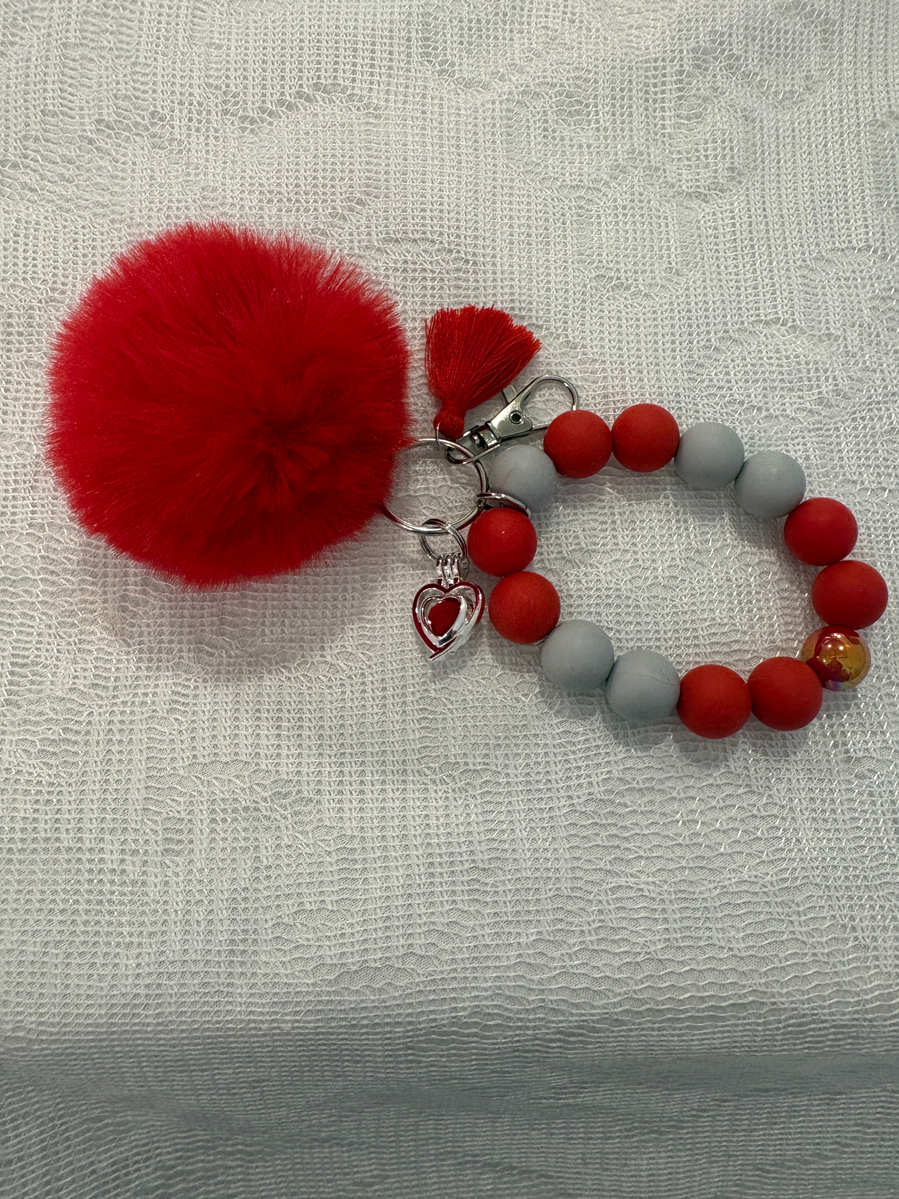 Red and grey beaded wristlet/keychain