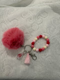 pink and white beaded diffuser wristlet/keychain