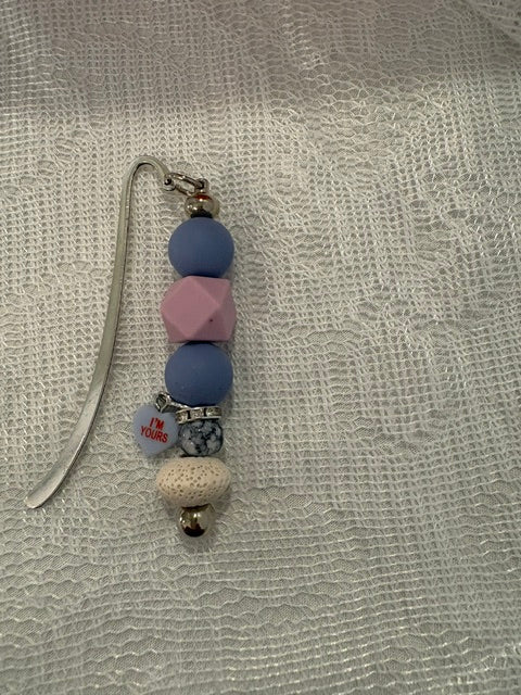 Blue grey and lavender beaded bookmark