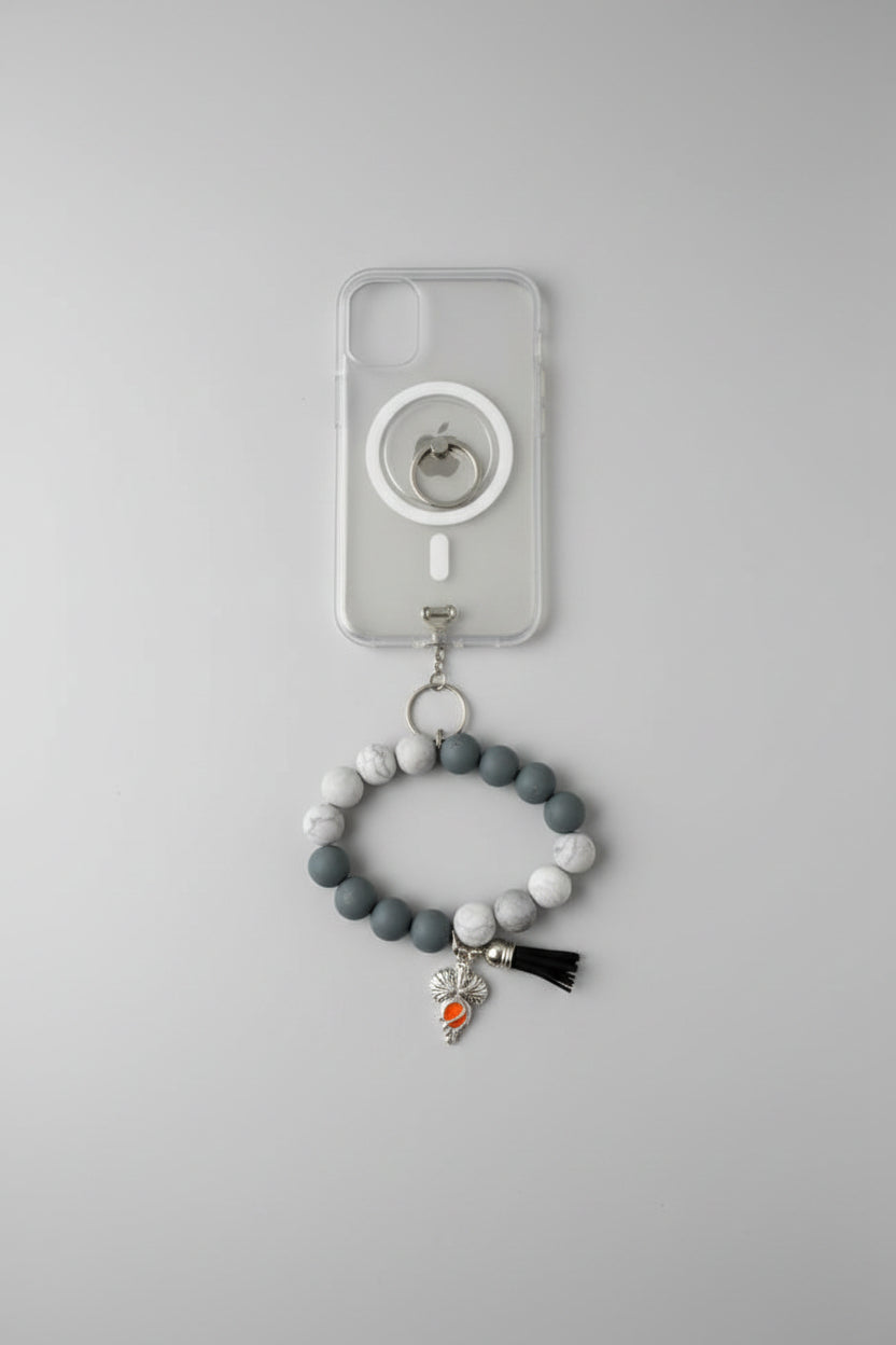 Grey and marbled grey beaded diffuser phone wristlet