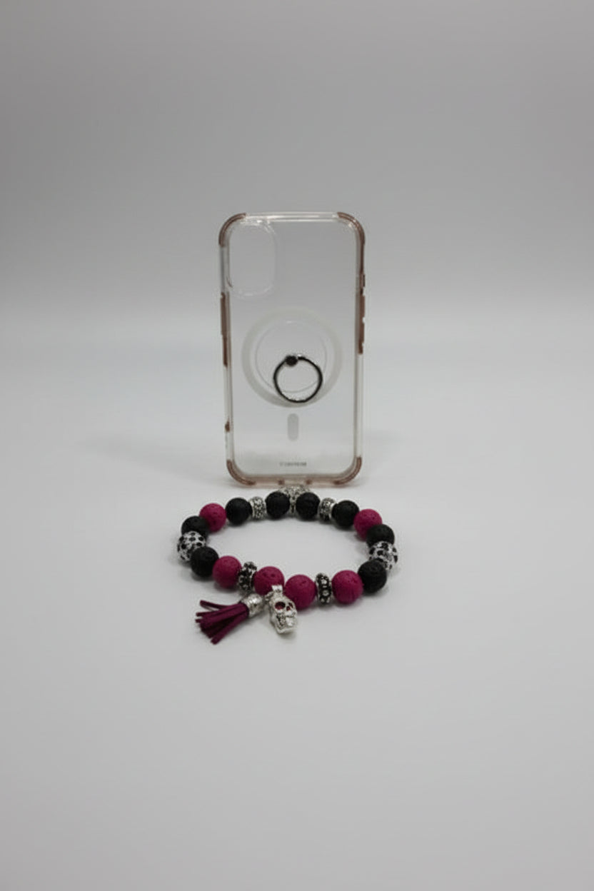 Purple and black beaded diffuser phone wristlet