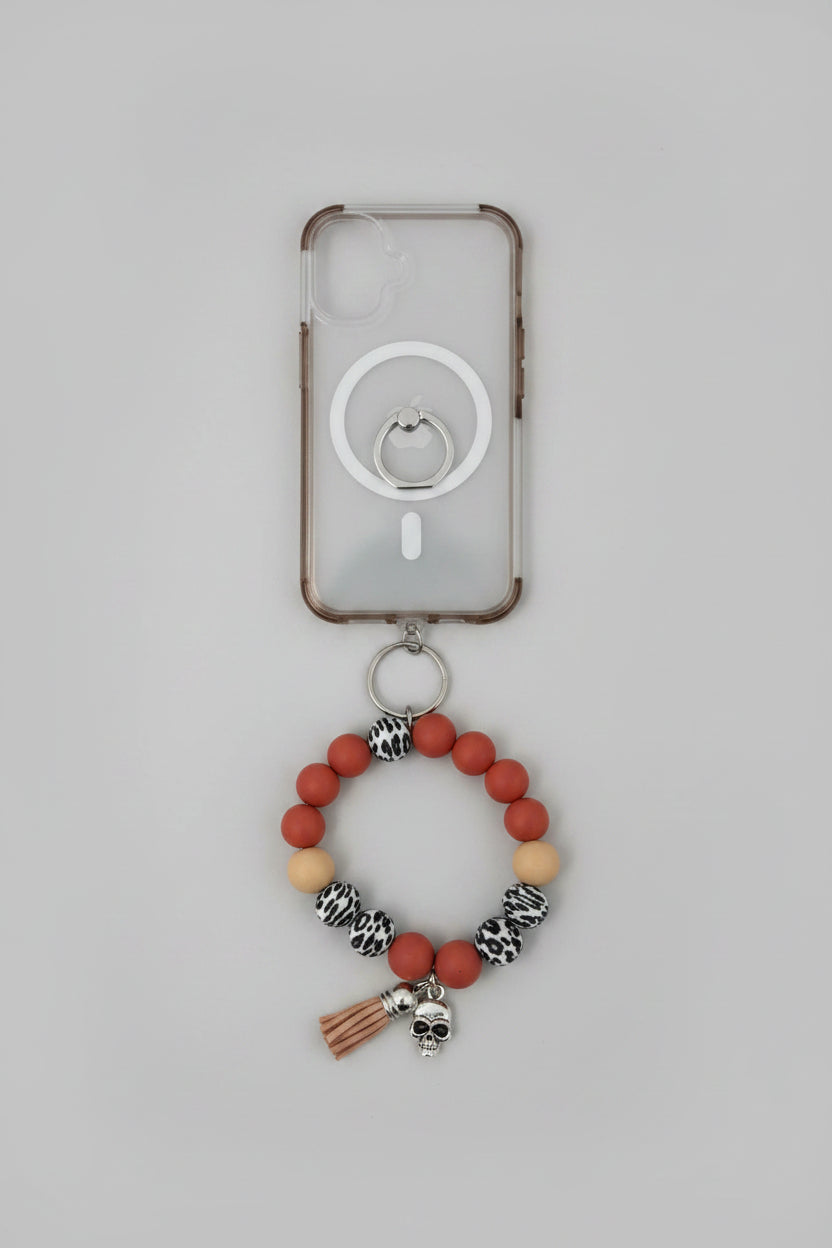 Brown and beige beaded diffuser phone wristlet